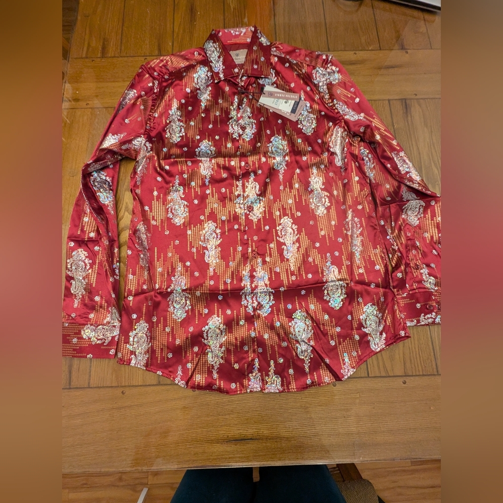 Men's Suslo Couture performance Stretch Metallic Shirt Color red Size Multi NWT
